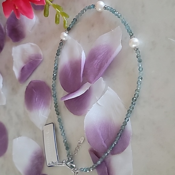 Aquamarine gemstones and genuine freshwater pearl 18" adjustable necklace. NWOT. - Picture 4 of 7